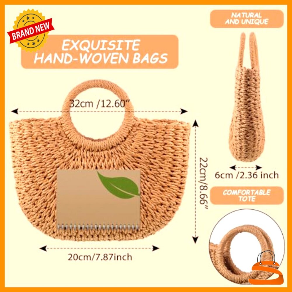 Handmade Straw Tote Bag Rattan Woven Handbag Travel Beach Bag - Picture 4 of 7